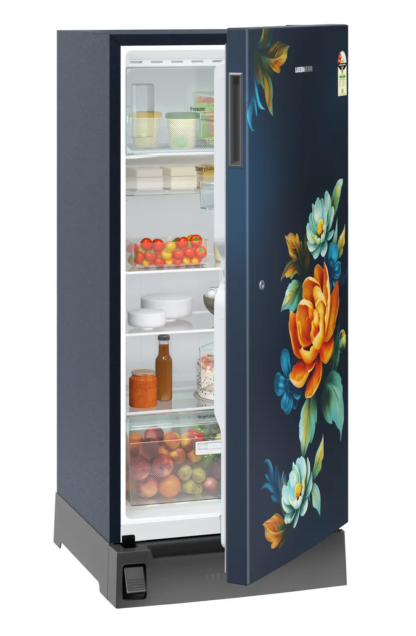 Product image, Perspective: oblique half-open decorated, Single-door fridge, 191 l in 2 star with foot pedal base drawer, Casing colour: blue, Door colour: Blue Wonder