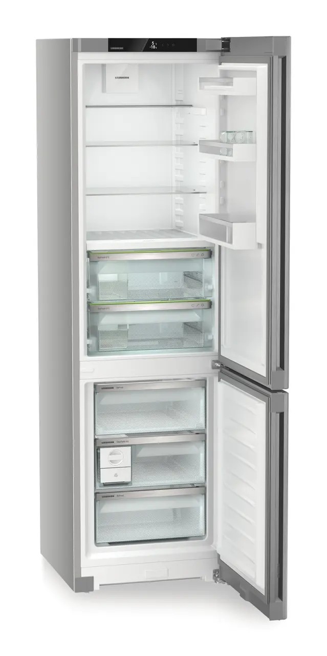 Product image, Perspective: oblique open empty, Fridge-freezer with BioFresh and NoFrost, Casing colour: silver, Door colour: Steelfinish