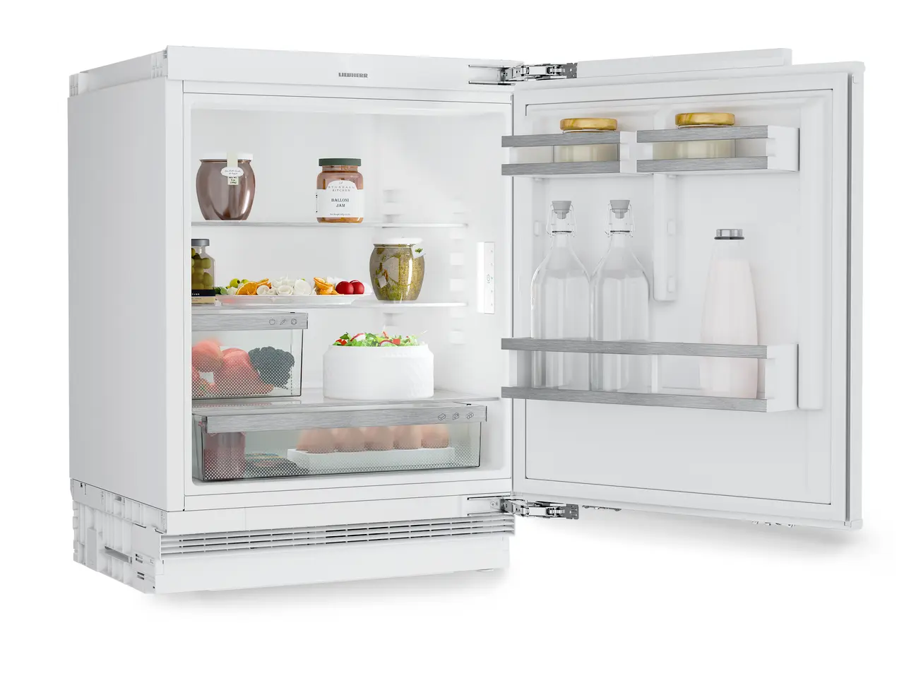 Product image, Perspective: oblique open decorated, Refrigerator suitable for undercounter installation
