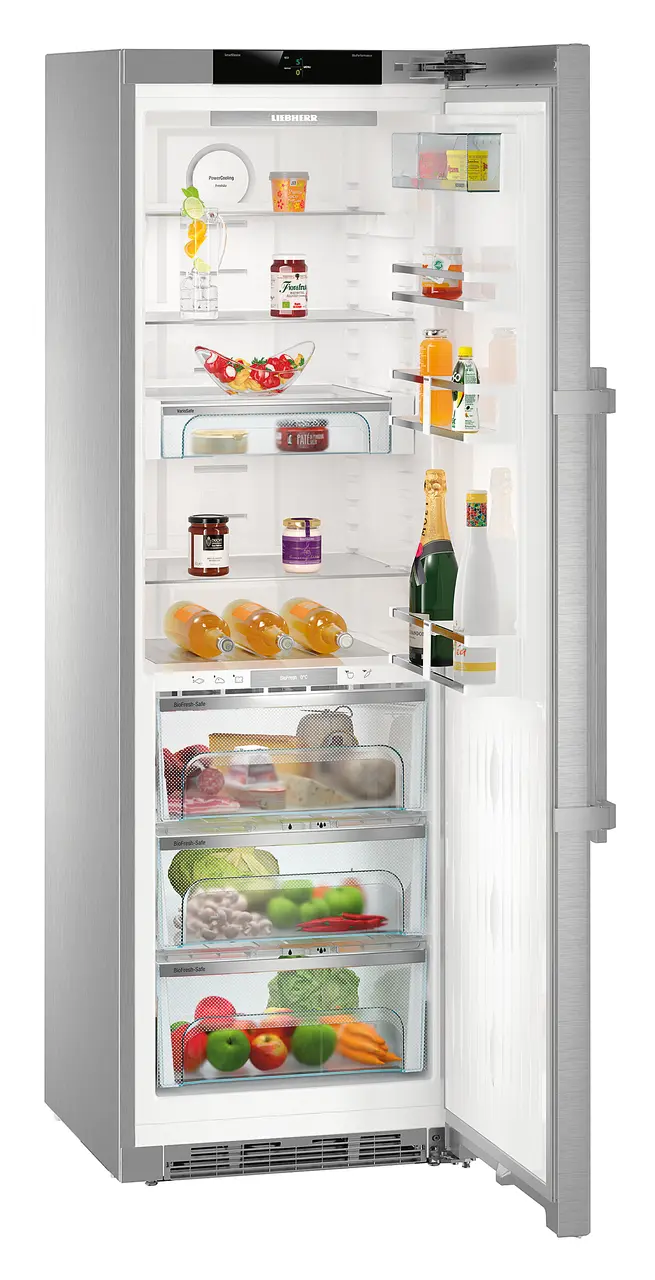 Product image, Perspective: oblique open decorated, Refrigerator with BioFresh, Casing colour: stainless steel, Door colour: stainless steel