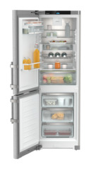 Product image, Perspective: straight open decorated, Combined fridge-freezers with EasyFresh and NoFrost, Casing colour: silver, Door colour: stainless steel