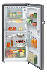 Product image, Perspective: straight open decorated, Single-door fridge 191 l in 1 star and horizontal handle, Casing colour: grey, Door colour: Silver Steel