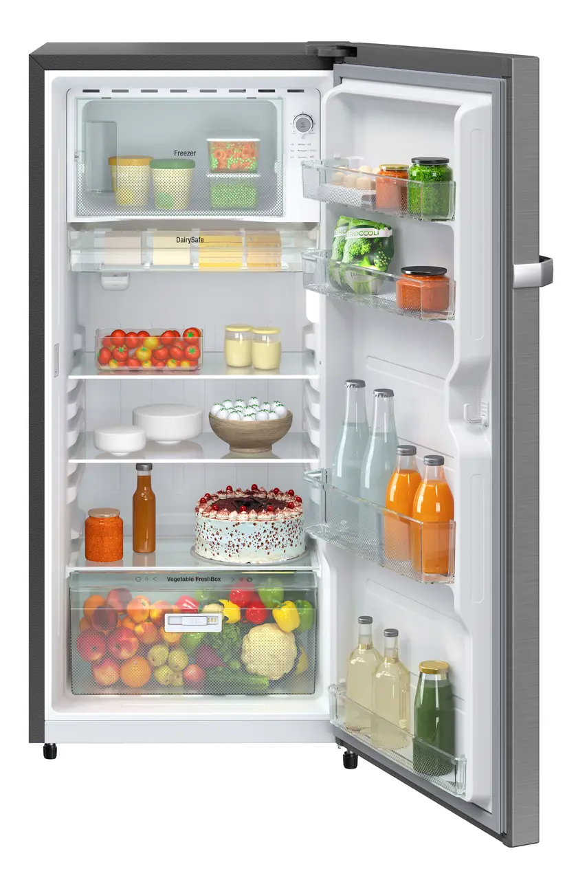 Product image, Perspective: straight open decorated, Single-door fridge 191 l in 1 star and horizontal handle, Casing colour: grey, Door colour: Silver Steel