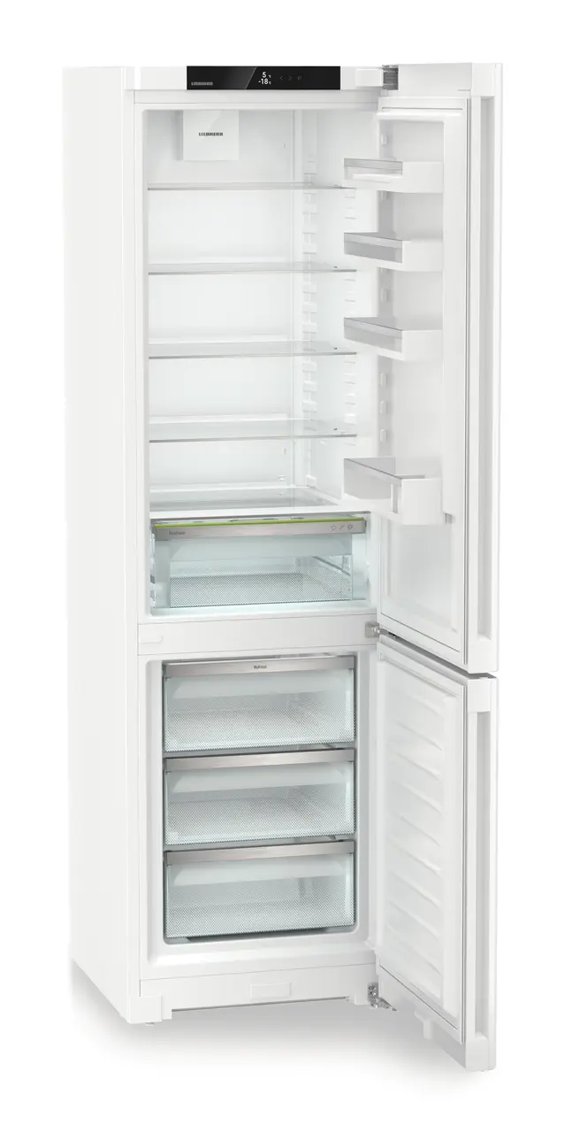 Изображение продукции, Перспектива: Под углом, с открытой дверцей, без продуктов, Комбинированный холодильник-морозильник с EasyFresh и NoFrost, Цвет корпуса: белый, Цвет дверцы: белый