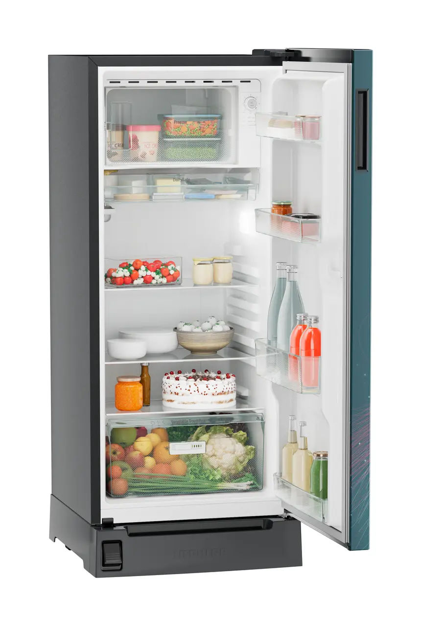 Product image, Perspective: oblique open decorated, Single-door refrigerator 202 l in 5 star with inverter compressor, Casing colour: grey, Door colour: Teal Strings
