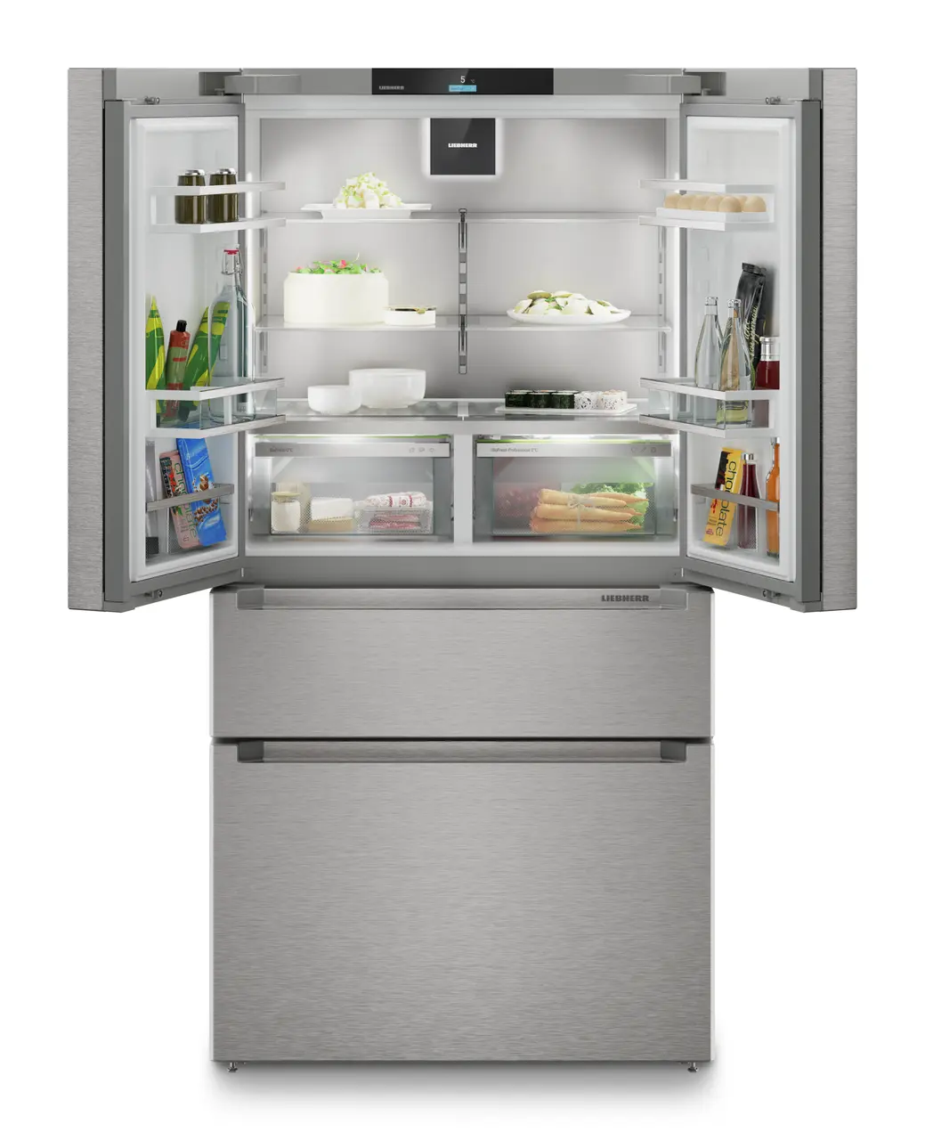 Produkt-Bild, Perspektive: gerade offen dekoriert, French-Door-Kühl-Gefrierkombination mit 2 Gefrierschubladen und IceMaker und InfinitySpring, Gehäusefarbe: Silver, Türfarbe: Edelstahl