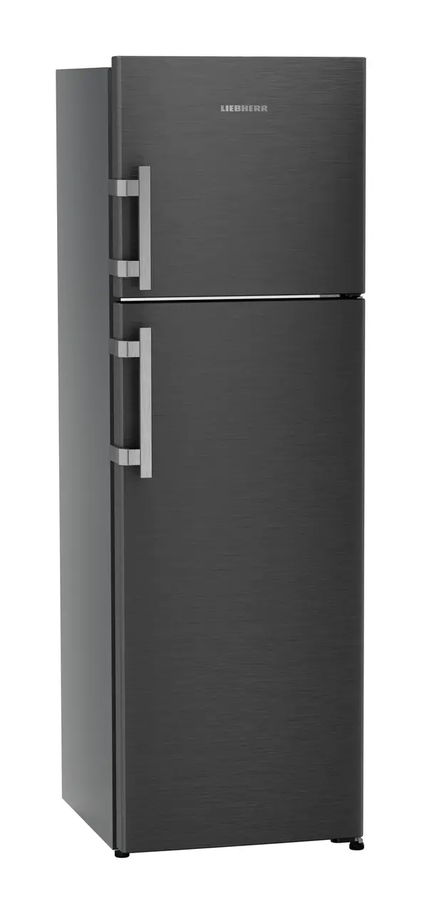 Product image, Perspective: oblique closed, Fridge-freezer with NoFrost, Casing colour: grey, Door colour: BlackSteel