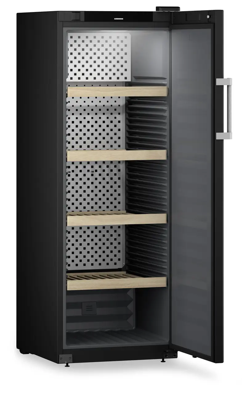 Product image, Perspective: oblique open empty, Wine storage cabinet, Casing colour: black, Door colour: black