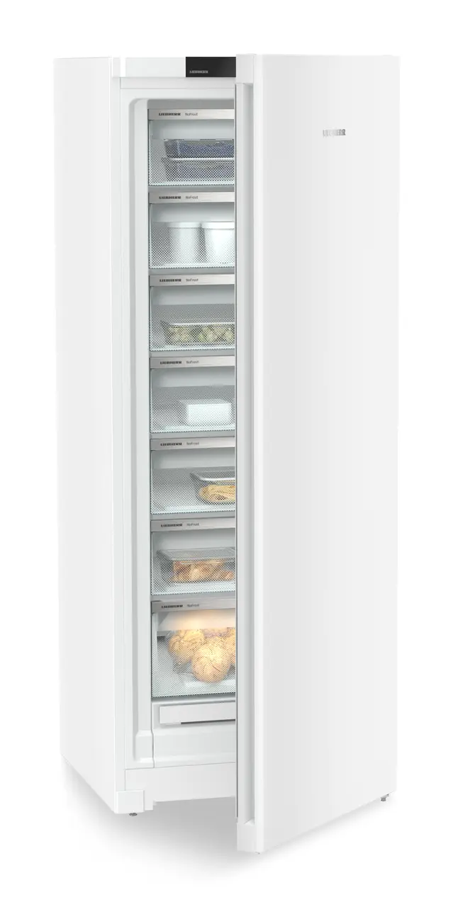 Product image, Perspective: oblique half-open decorated, Freestanding freezer with NoFrost, Casing colour: white, Door colour: white