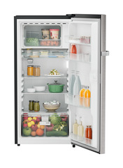 Product image, Perspective: straight open decorated, Single-door refrigerator 191 l in 4 star with iCoolTouch UI, Casing colour: grey, Door colour: Stainless Steel