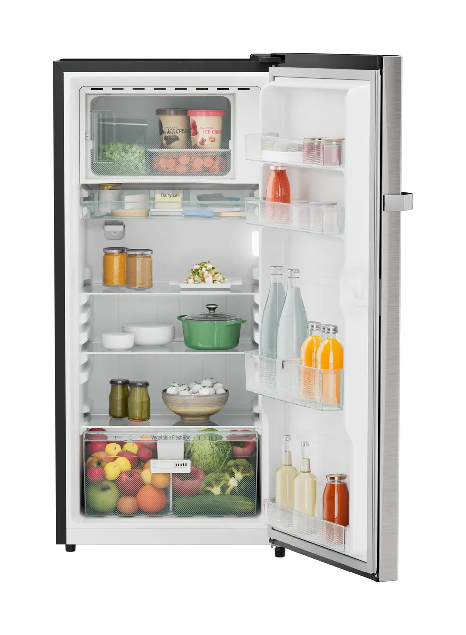 Product image, Perspective: straight open decorated, Single-door refrigerator 191 l in 4 star with iCoolTouch UI, Casing colour: grey, Door colour: Stainless Steel